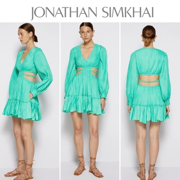 JONATHAN SIMKHAI Londyn Cutout Long Sleeve Pleated Minidress Green Sz S